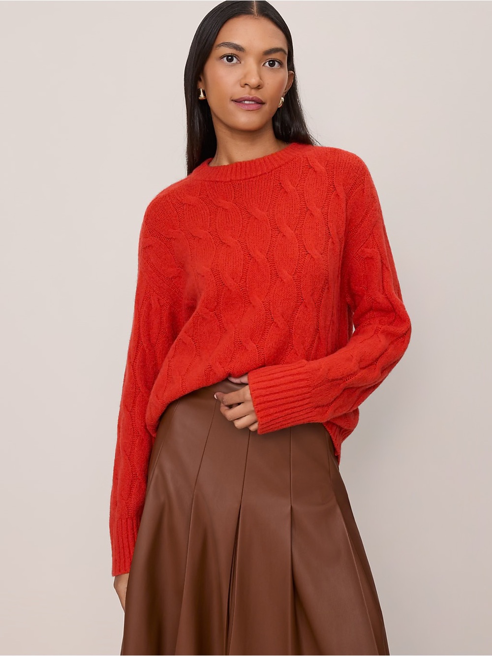 New Ann Taylor Cable Knit Sweater Size XSP Red Orange Braided Knit Soft Cozy